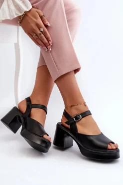 Skórzane Sandały Damskie Na Obcasie Vinceza 66627 Czarne