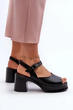 Skórzane Sandały Damskie Na Obcasie Vinceza 66627 Czarne