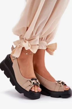 Skórzane Sandały Damskie Na Koturnie I Platformie Z Ozdobą Artiker 56C2209 Beżowe