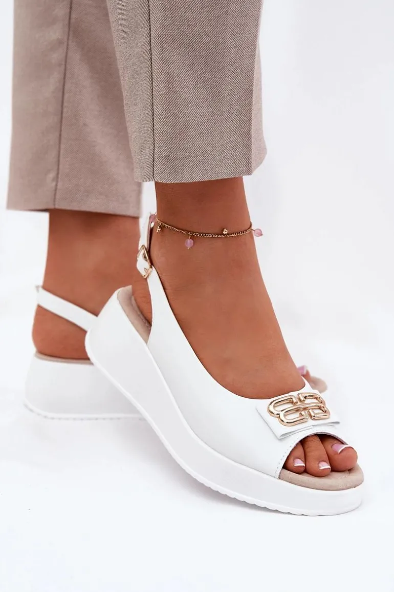 Skórzane Sandały Damskie Na Koturnie Z Ozdobnym Detalem S.Barski LR51-593 Białe