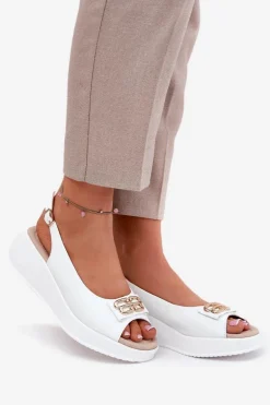 Skórzane Sandały Damskie Na Koturnie Z Ozdobnym Detalem S.Barski LR51-593 Białe