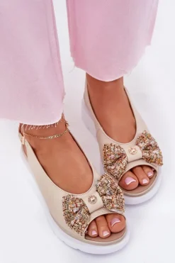 Skórzane Sandały Damskie Na Koturnie Z Kokardą Zazoo 1882 Beżowe