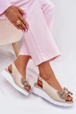 Skórzane Sandały Damskie Na Koturnie Z Kokardą Zazoo 1882 Beżowe