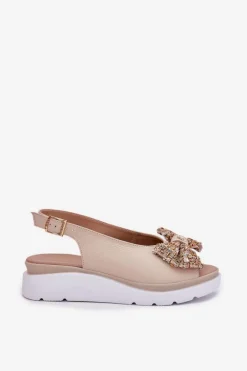 Skórzane Sandały Damskie Na Koturnie Z Kokardą Zazoo 1882 Beżowe