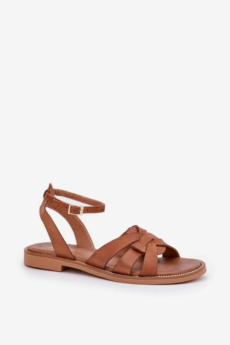 Skórzane Sandały Damskie Na Płaskim Obcasie Zazoo 3688 Camel