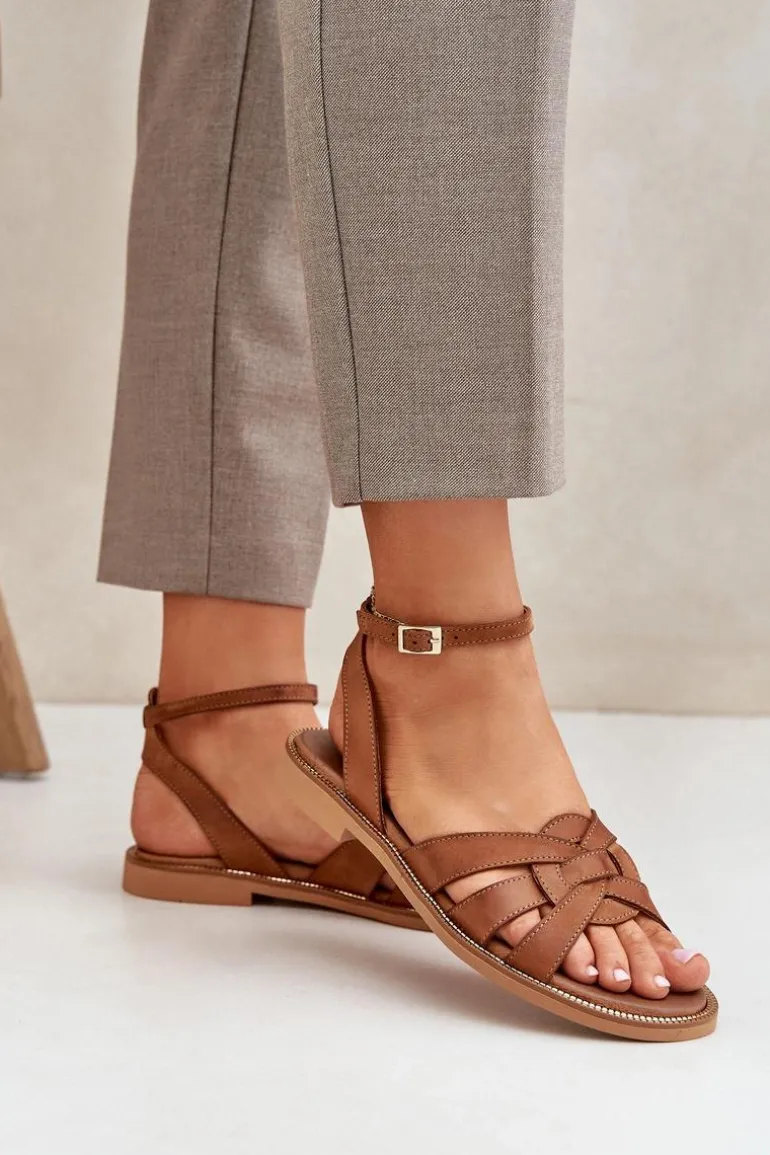 Skórzane Sandały Damskie Na Płaskim Obcasie Zazoo 3688 Camel