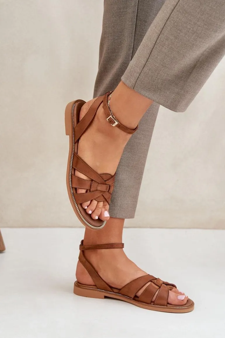 Skórzane Sandały Damskie Na Płaskim Obcasie Zazoo 3688 Camel