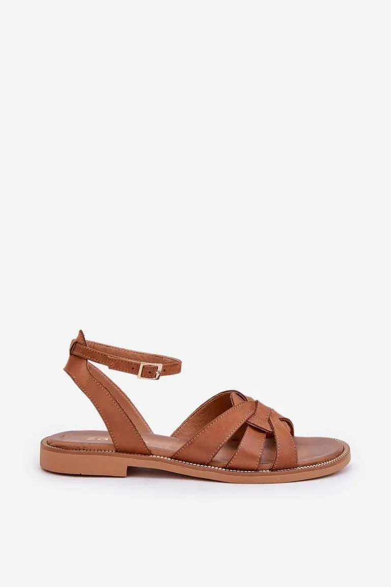 Skórzane Sandały Damskie Na Płaskim Obcasie Zazoo 3688 Camel