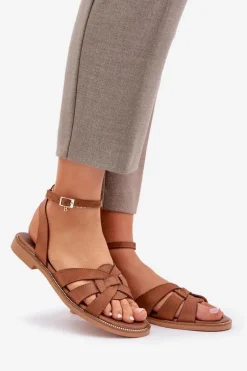 Skórzane Sandały Damskie Na Płaskim Obcasie Zazoo 3688 Camel