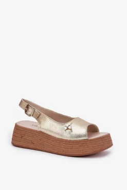 Skórzane Sandały Damskie Na Koturnie Vinceza 41476 Złote