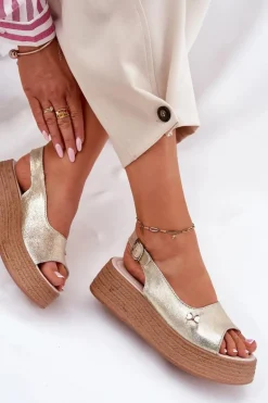 Skórzane Sandały Damskie Na Koturnie Vinceza 41476 Złote