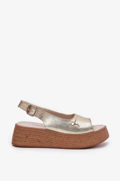 Skórzane Sandały Damskie Na Koturnie Vinceza 41476 Złote