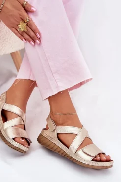 Skórzane Sandały Damskie Na Rzep Maciejka L6848-25 Złote