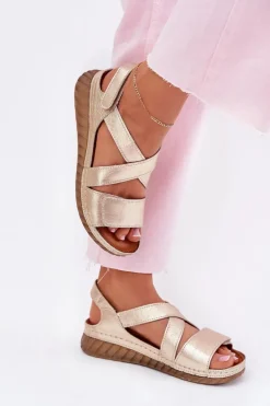 Skórzane Sandały Damskie Na Rzep Maciejka L6848-25 Złote