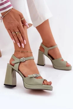Skórzane Sandały Damskie Na Słupku Vinceza 77110 Zielone