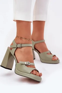 Skórzane Sandały Damskie Na Słupku Vinceza 77110 Zielone