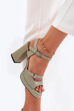 Skórzane Sandały Damskie Na Słupku Vinceza 77110 Zielone