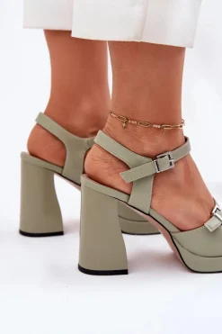 Skórzane Sandały Damskie Na Słupku Vinceza 77110 Zielone