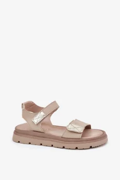 Skórzane Sandały Damskie Na Platformie Zazoo 40443 Beżowe