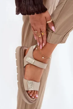 Skórzane Sandały Damskie Na Platformie Zazoo 40443 Beżowe