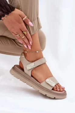 Skórzane Sandały Damskie Na Platformie Zazoo 40443 Beżowe