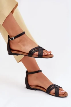 Skórzane Sandały Damskie Na Płaskim Obcasie Maciejka 07029-01 Czarne