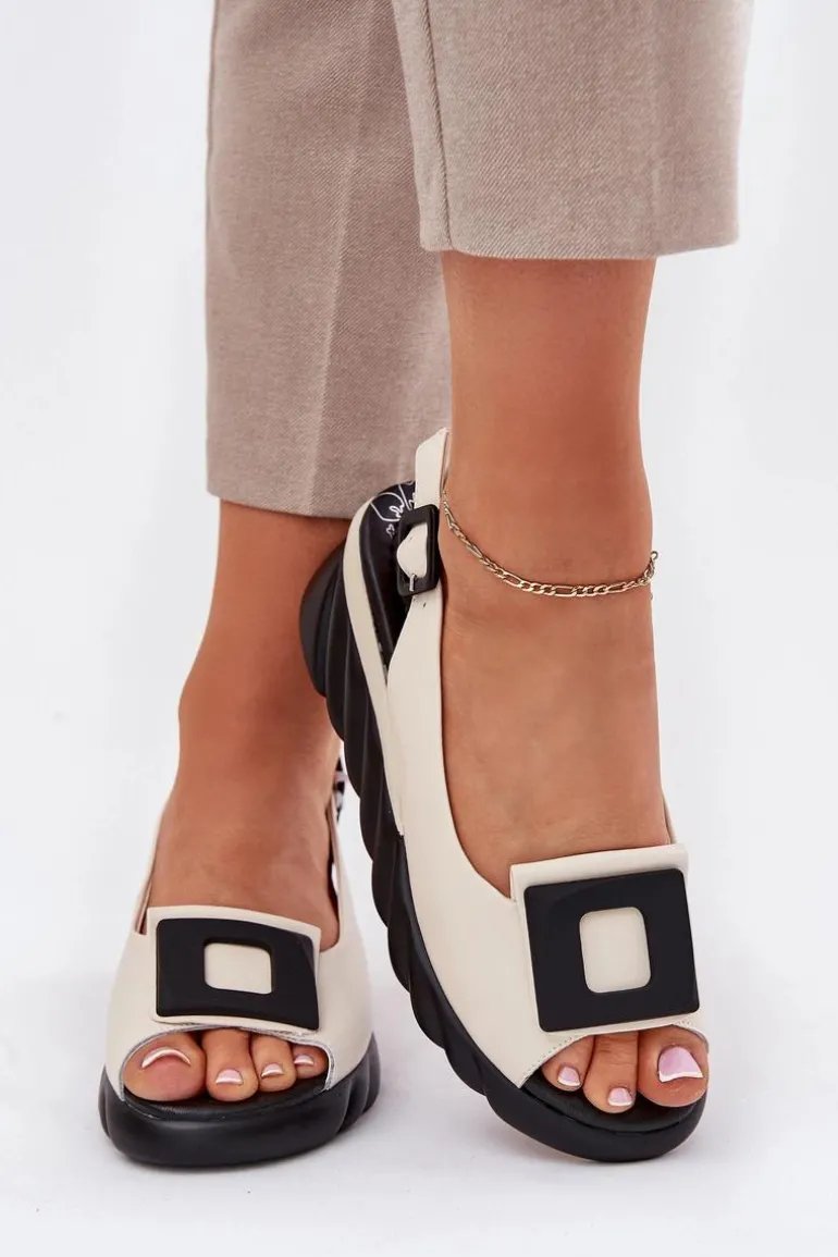 Skórzane Sandały Damskie Na Koturnie z Ozdobą Artiker 56C1570 Beżowe