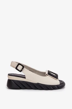 Skórzane Sandały Damskie Na Koturnie z Ozdobą Artiker 56C1570 Beżowe