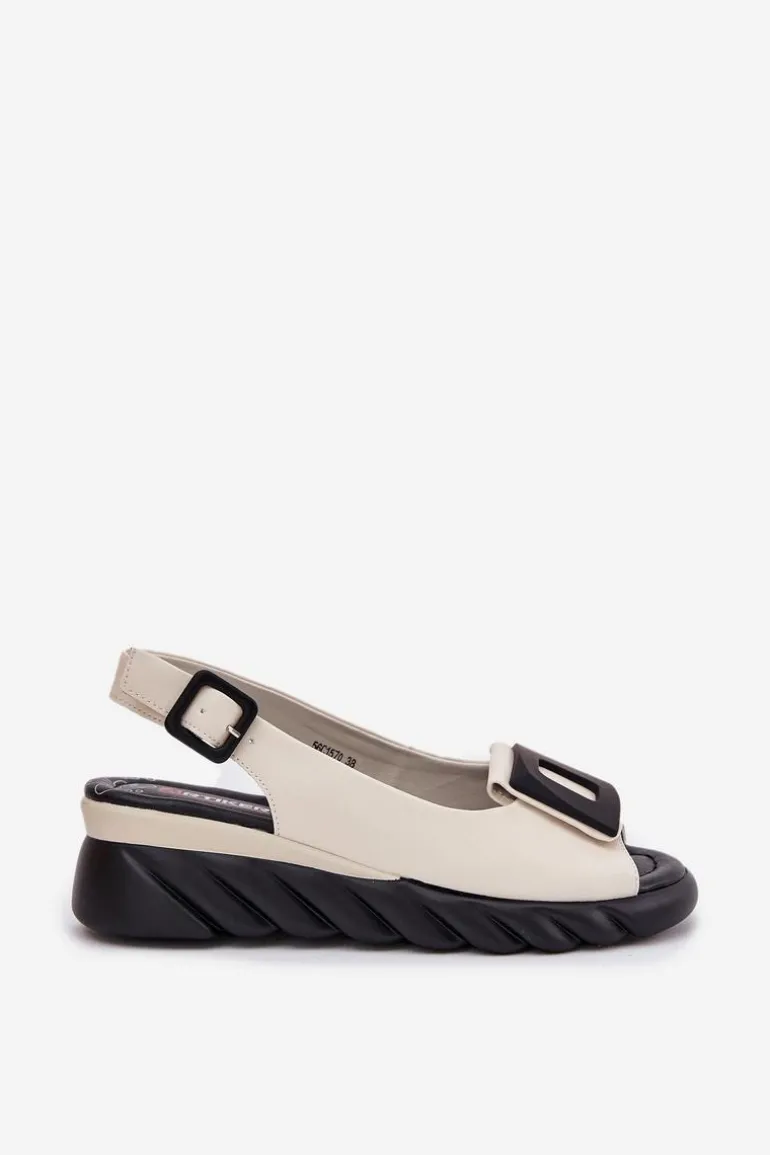 Skórzane Sandały Damskie Na Koturnie z Ozdobą Artiker 56C1570 Beżowe