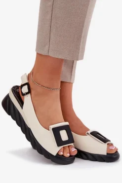 Skórzane Sandały Damskie Na Koturnie z Ozdobą Artiker 56C1570 Beżowe