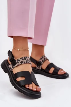 Skórzane Sandały Damskie Na Płaskim Obcasie Panterka Vinceza 66780 Czarne