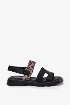 Skórzane Sandały Damskie Na Płaskim Obcasie Panterka Vinceza 66780 Czarne