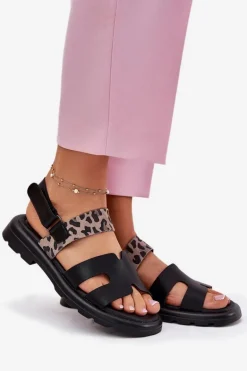 Skórzane Sandały Damskie Na Płaskim Obcasie Panterka Vinceza 66780 Czarne