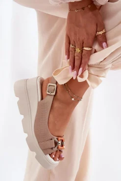 Skórzane Sandały Damskie Na Koturnie I Platformie Z Ozdobą Artiker 56C2208 Ciemnobeżowe