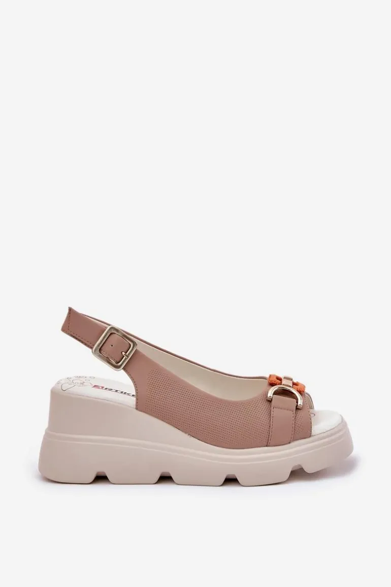 Skórzane Sandały Damskie Na Koturnie I Platformie Z Ozdobą Artiker 56C2208 Ciemnobeżowe