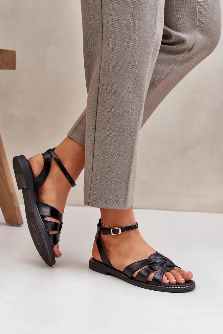 Skórzane Sandały Damskie Na Płaskim Obcasie Zazoo 3688 Czarne