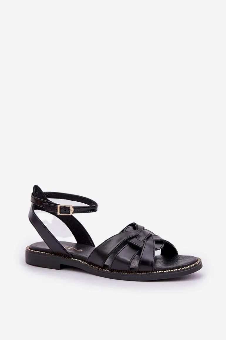 Skórzane Sandały Damskie Na Płaskim Obcasie Zazoo 3688 Czarne