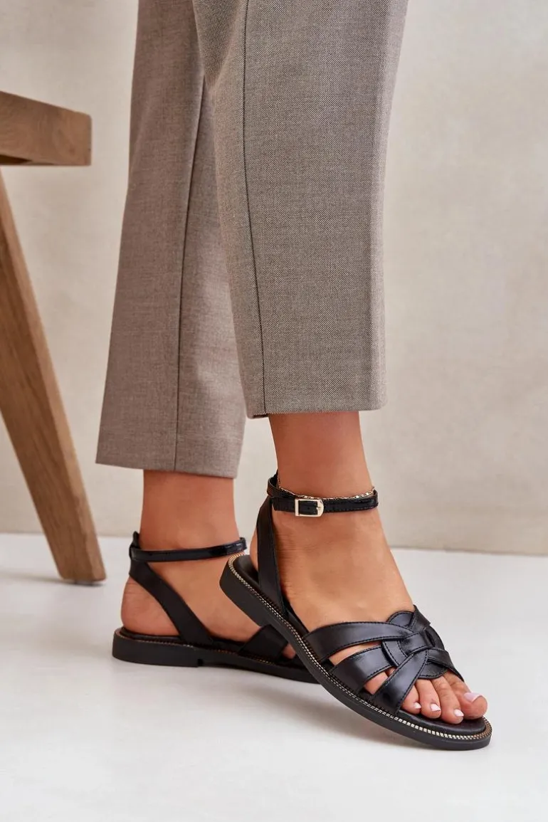 Skórzane Sandały Damskie Na Płaskim Obcasie Zazoo 3688 Czarne