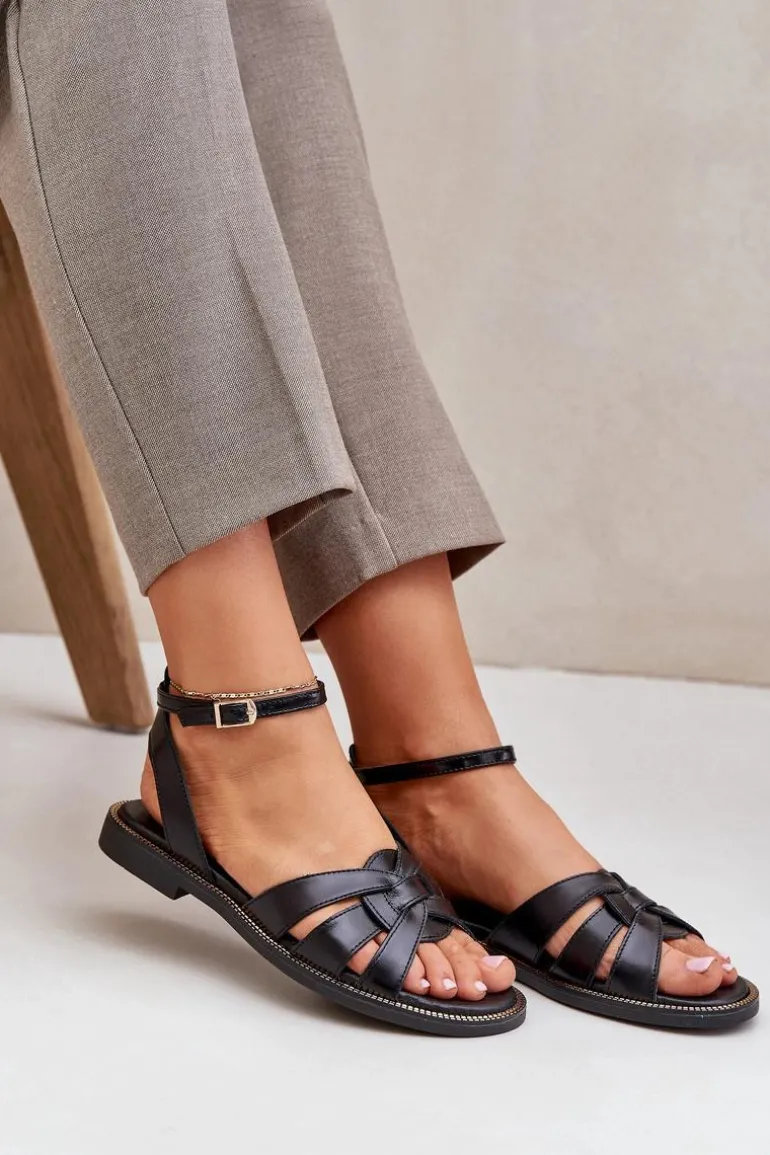 Skórzane Sandały Damskie Na Płaskim Obcasie Zazoo 3688 Czarne