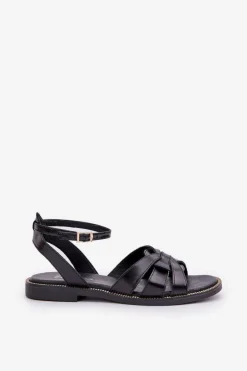 Skórzane Sandały Damskie Na Płaskim Obcasie Zazoo 3688 Czarne