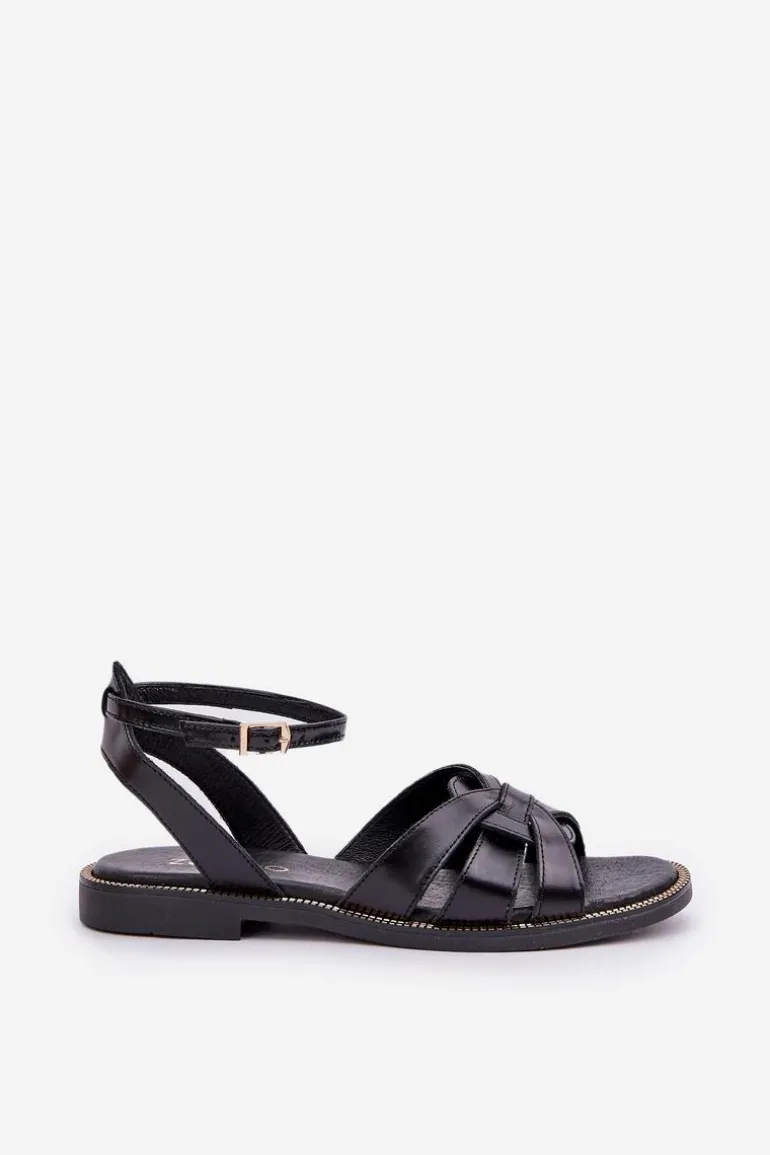 Skórzane Sandały Damskie Na Płaskim Obcasie Zazoo 3688 Czarne