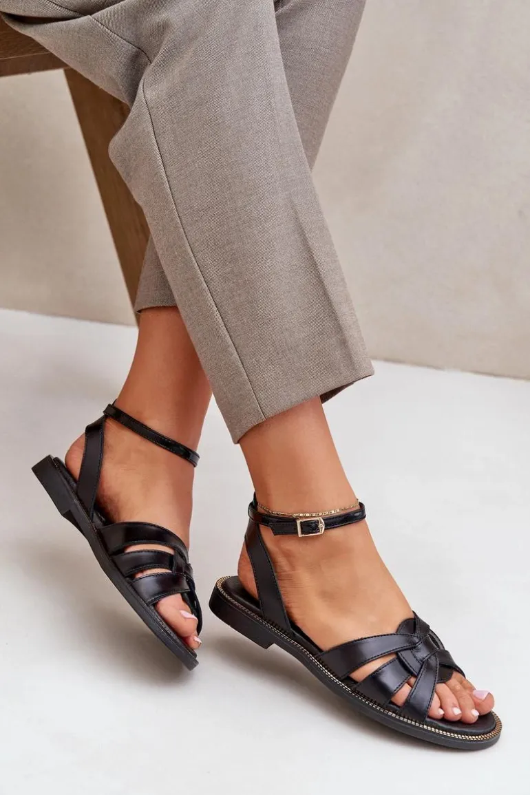 Skórzane Sandały Damskie Na Płaskim Obcasie Zazoo 3688 Czarne