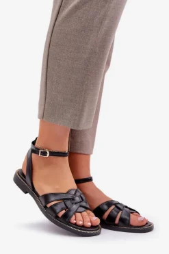 Skórzane Sandały Damskie Na Płaskim Obcasie Zazoo 3688 Czarne