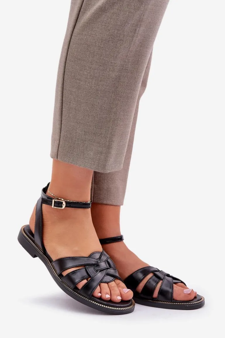 Skórzane Sandały Damskie Na Płaskim Obcasie Zazoo 3688 Czarne