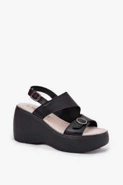 Skórzane Sandały Damskie Na Koturnie I Platformie S.Barski LR51-540 Czarne