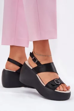 Skórzane Sandały Damskie Na Koturnie I Platformie S.Barski LR51-540 Czarne