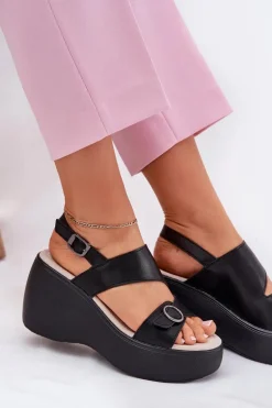 Skórzane Sandały Damskie Na Koturnie I Platformie S.Barski LR51-540 Czarne