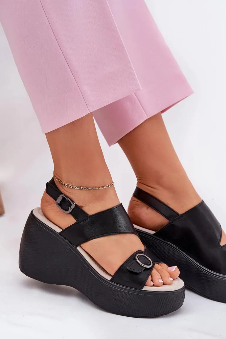 Skórzane Sandały Damskie Na Koturnie I Platformie S.Barski LR51-540 Czarne