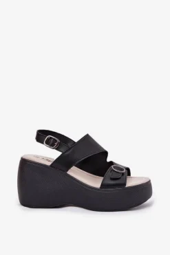 Skórzane Sandały Damskie Na Koturnie I Platformie S.Barski LR51-540 Czarne