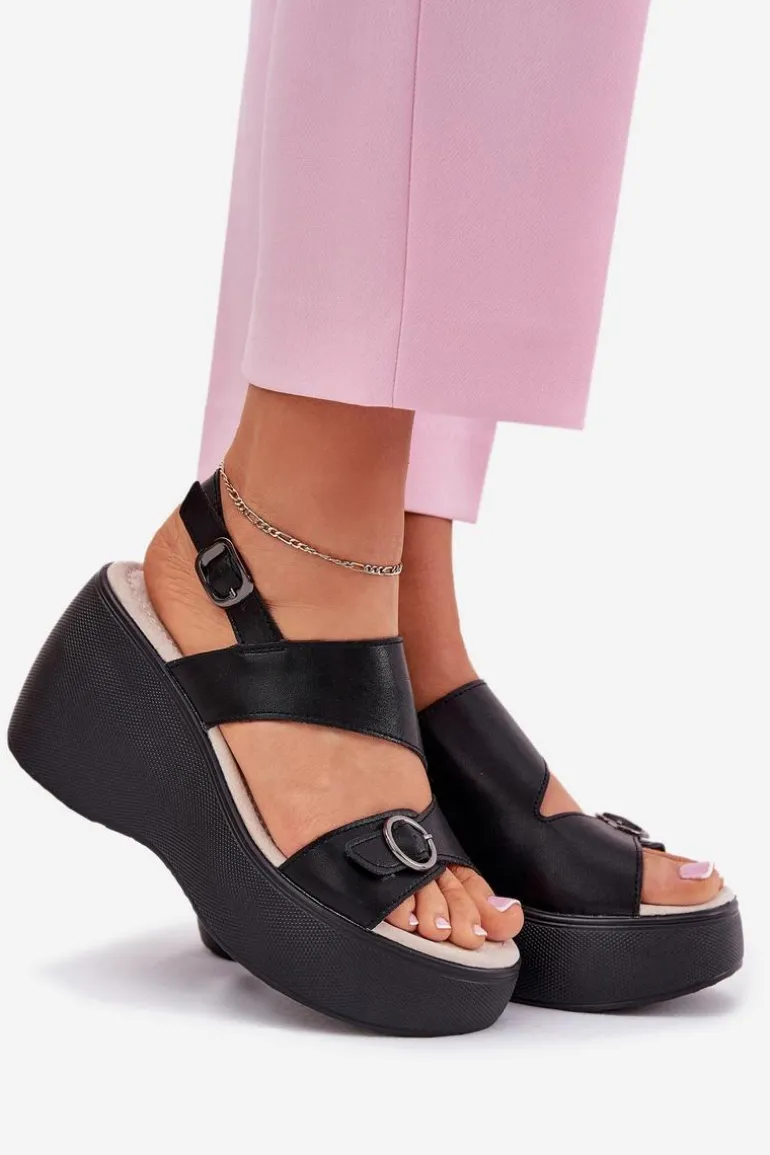 Skórzane Sandały Damskie Na Koturnie I Platformie S.Barski LR51-540 Czarne